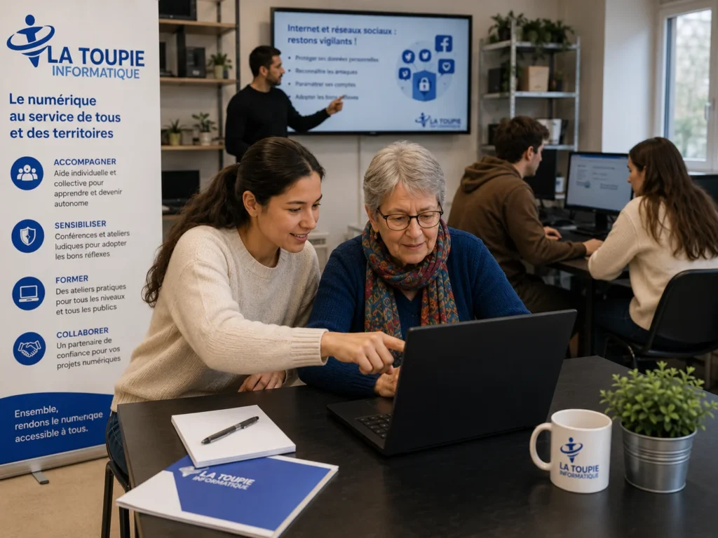 Une professionnelle de La Toupie Informatique accompagne une personne âgée dans ses démarches administratives en ligne