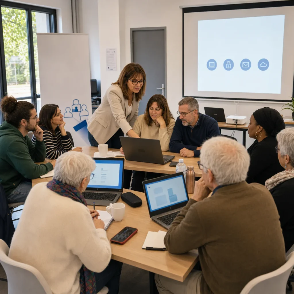 Des participants suivent un atelier collectif d’accompagnement numérique organisé par La Toupie Informatique