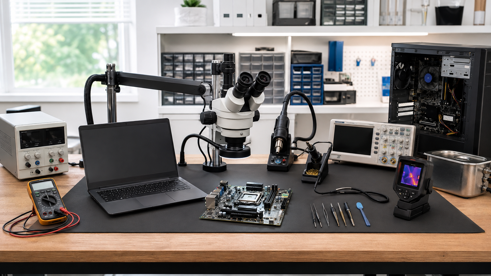 Atelier de réparation électronique et informatique équipé d’un microscope, d’une station de soudage et de matériel de diagnostic.