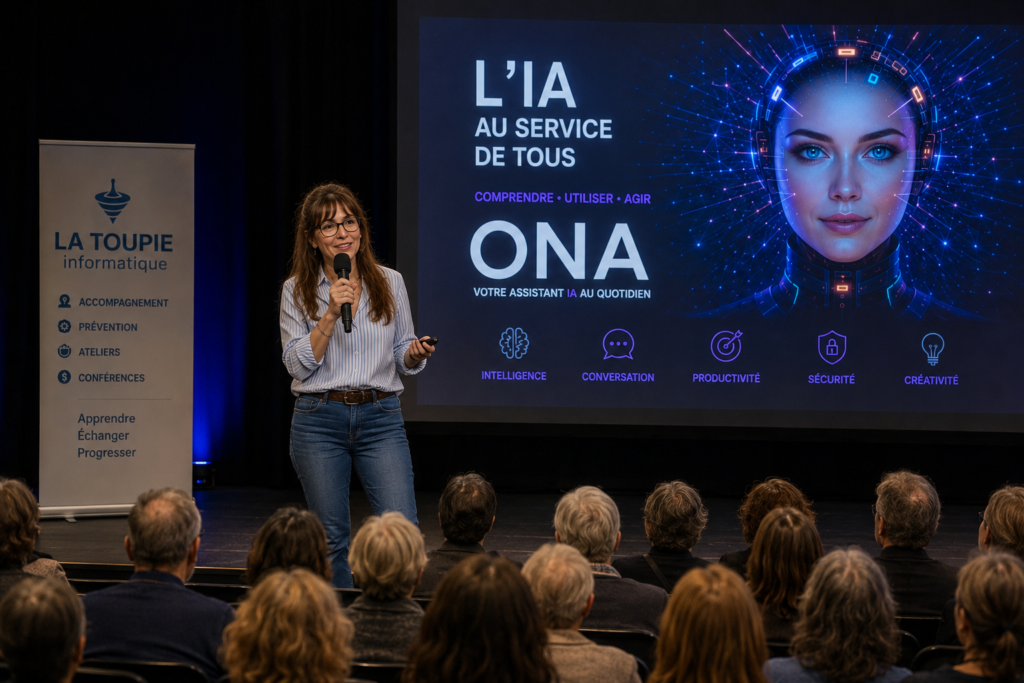 Sandra anime une conférence sur les usages de l’intelligence artificielle auprès du public d’une structure