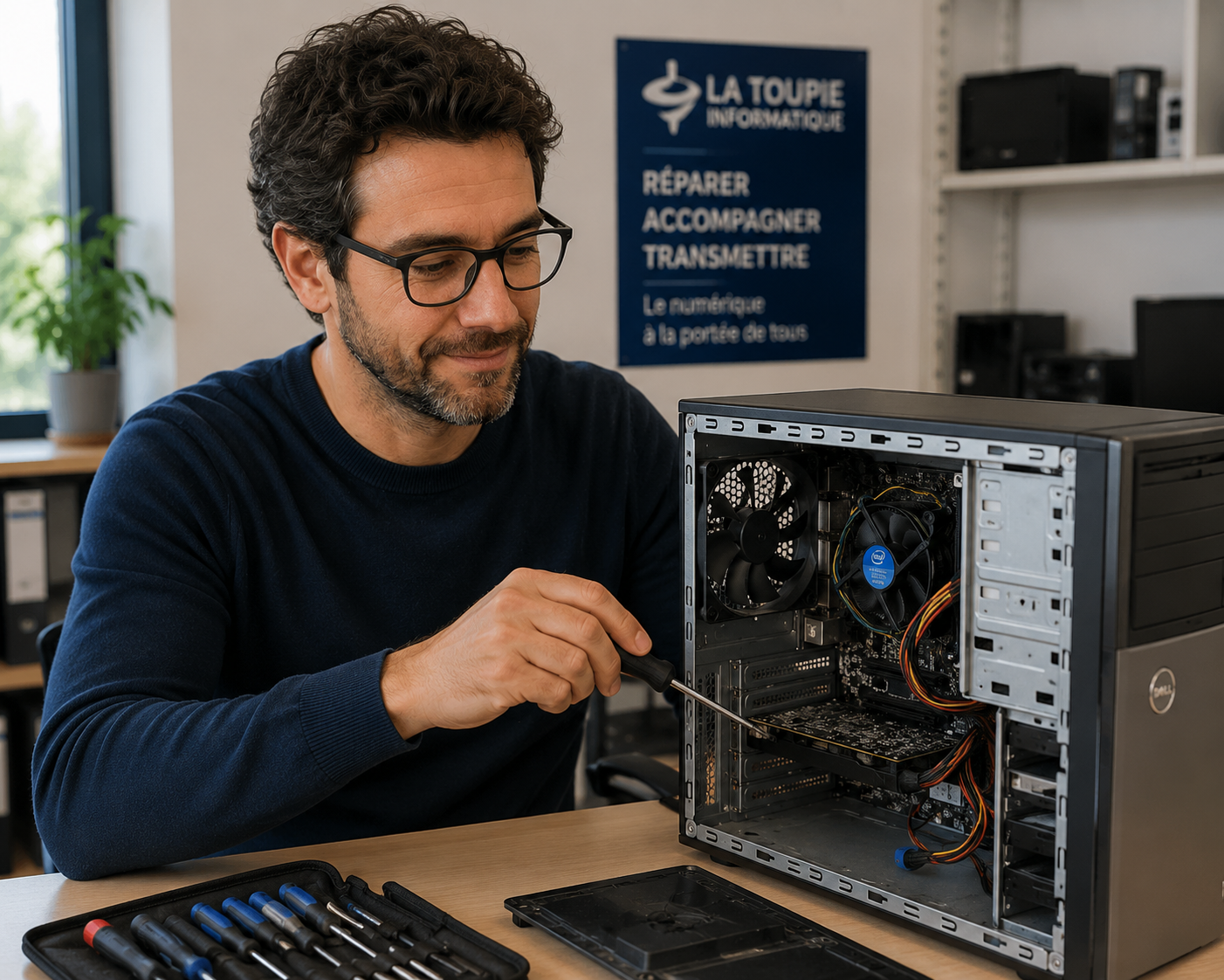 Technicien réalisant le diagnostic et la réparation d’un ordinateur fixe