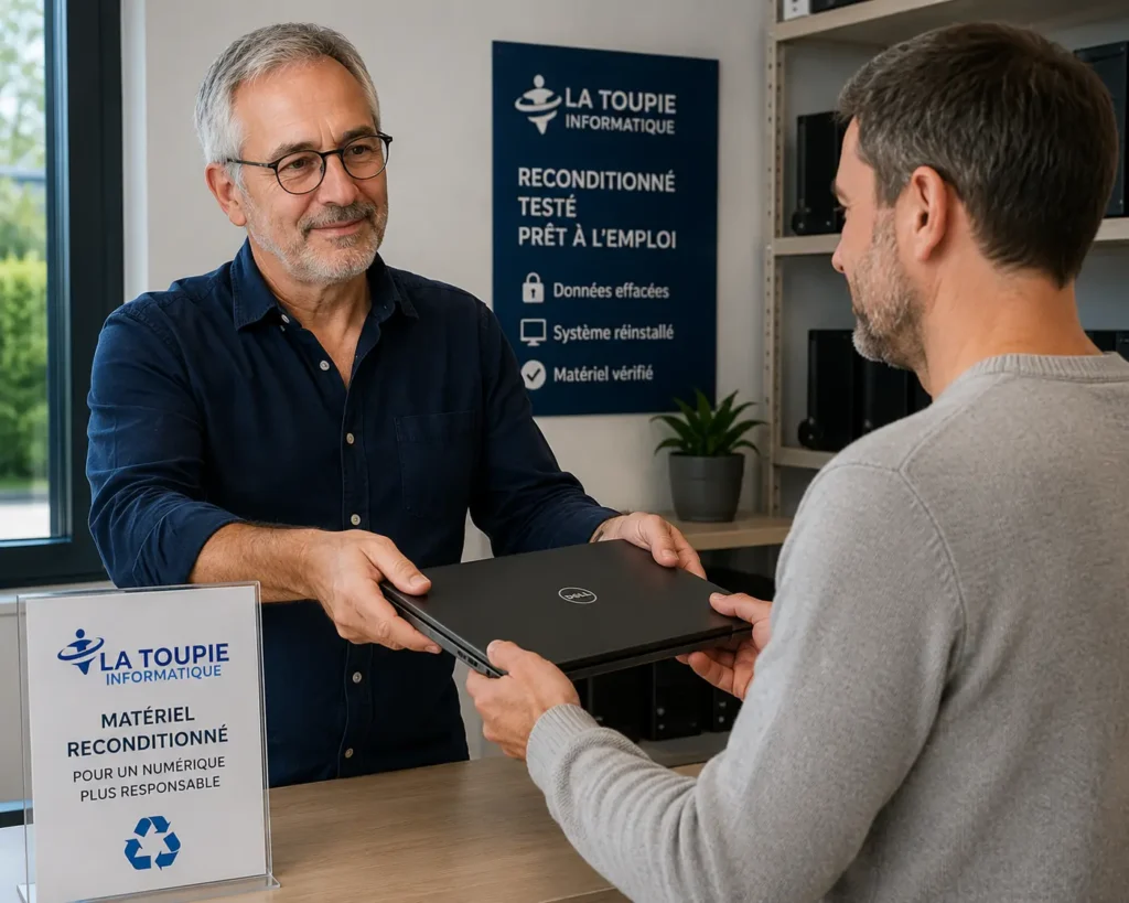 Remise d’un ordinateur reconditionné par La Toupie Informatique