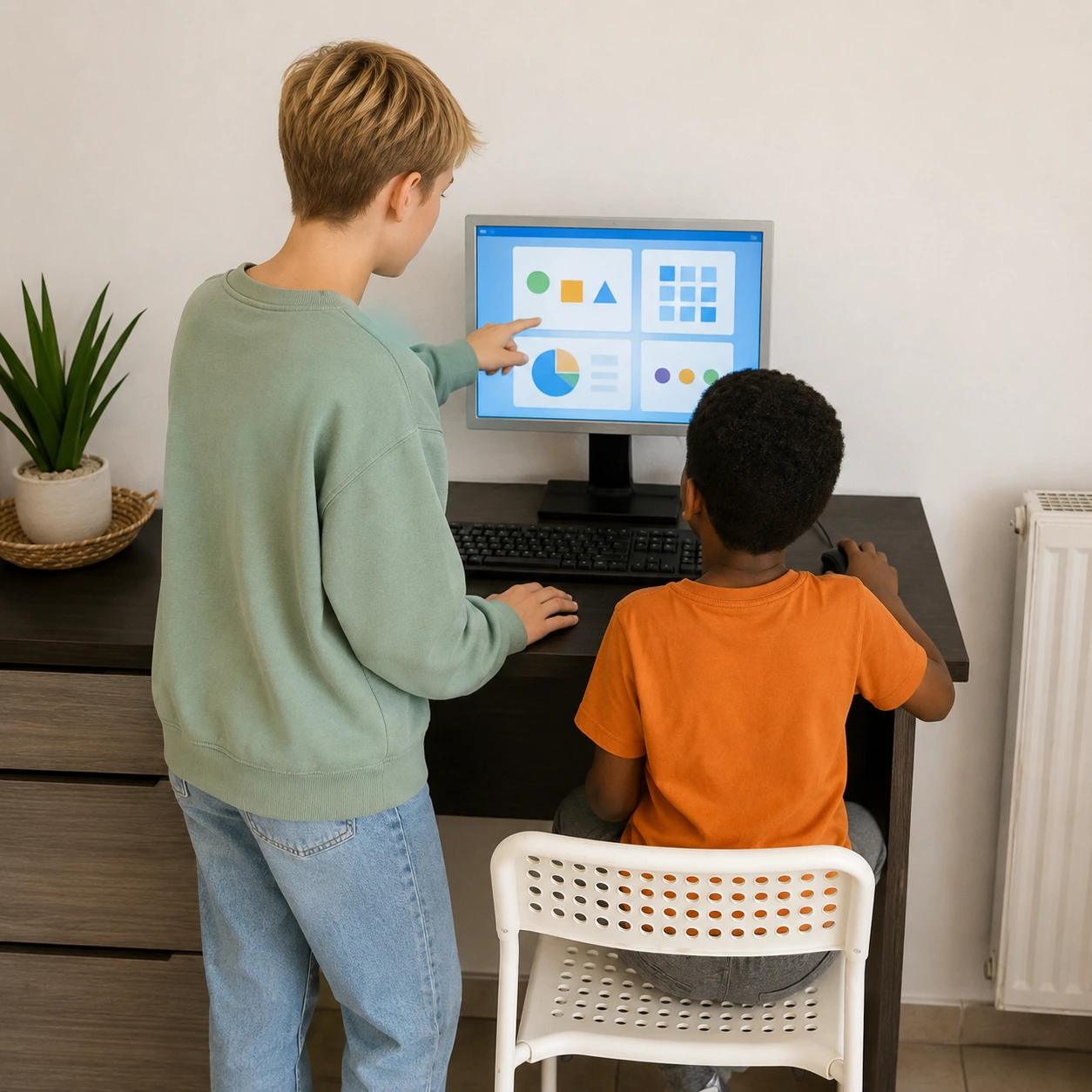 Ordinateur remis à une famille – La Toupie Informatique Deux jeunes découvrent ensemble un ordinateur reconditionné remis à une famille par La Toupie Informatique.